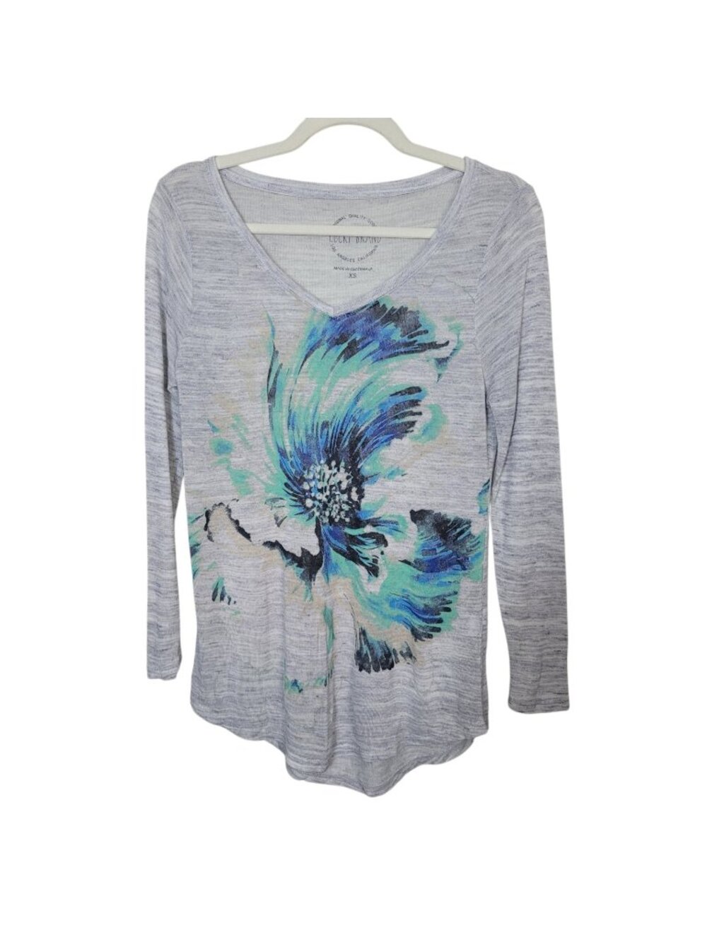 Lucky Brand Semi Sheer Graphic Tee Shirt Long Sleeve Gray Sz XS